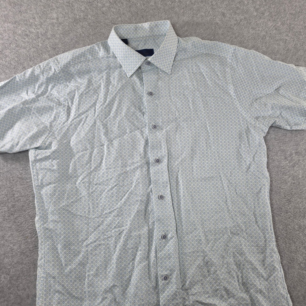 David Donahue Mens Large Blue Linen Cotton Geometric Short Sleeve Button Down